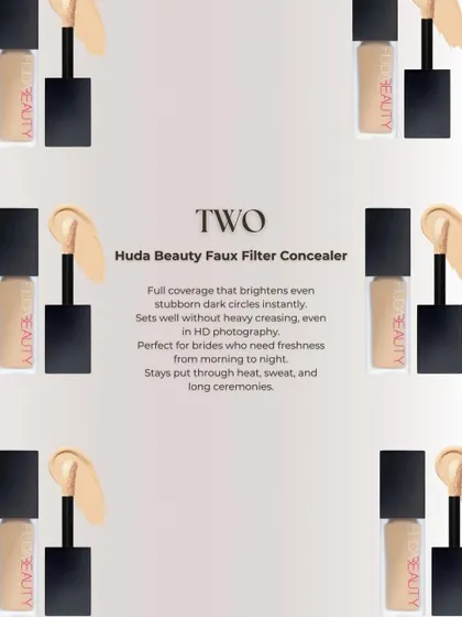 For brides who need freshness from morning to night, I trust the Huda Beauty Faux Filter Concealer. It offers full coverage that brightens instantly and stays put through heat, sweat, and long ceremonies.