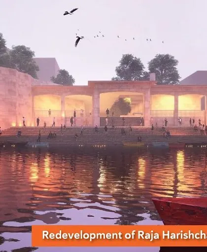A render of the Raja Harishchandra Ghat at dusk, with birds in flight over the serene structure. This project, launched by the Prime Minister of India, incorporates eco-friendly cremation strategies to reduce environmental impact.