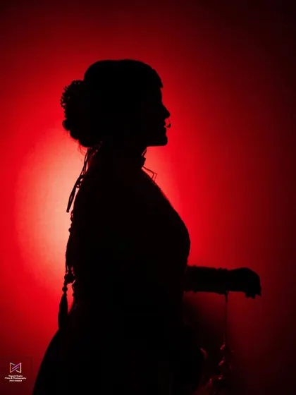 A silhouette of the bride against a stark red background. This artistic shot creates a sense of mystery and elegance, focusing on her form and profile for a dramatic and unconventional portrait.