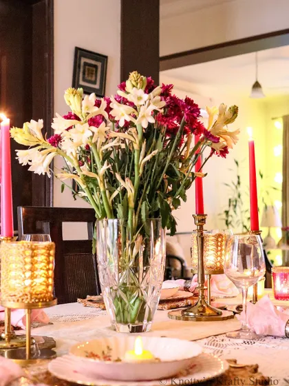 The full Diwali tablescape, glowing with warmth and ready for celebration.