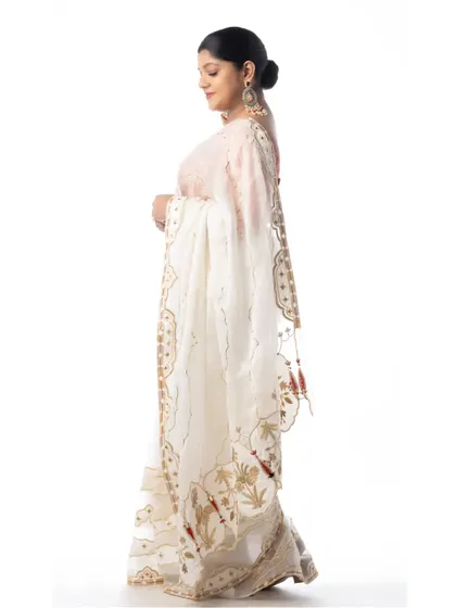A side profile showcasing the delicate drape of the pallu on Aparna Balamurali's organza saree. Every detail is considered to create a complete and polished look.