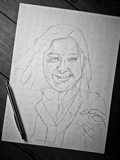 The grid method outline for a smiling portrait. This technique helps ensure every feature is perfectly placed.