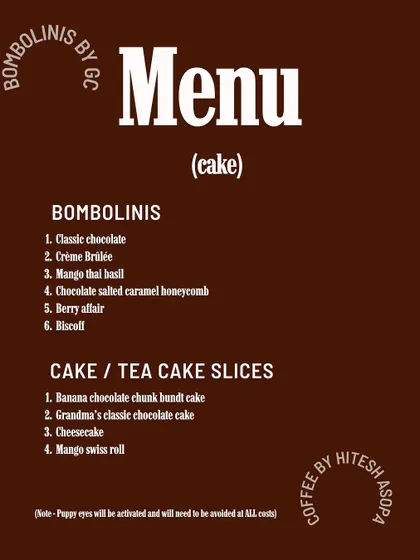 The menu from a special bake sale collaboration, featuring my cakes and bombolinis alongside fresh coffee.