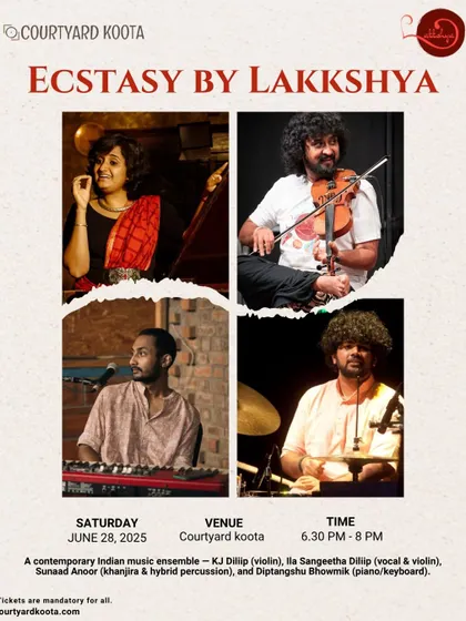 The official poster for "Ecstasy by Lakkshya," showcasing the four talented artists of this contemporary Indian music ensemble. Our promotional materials aim to capture the spirit of each unique performance.