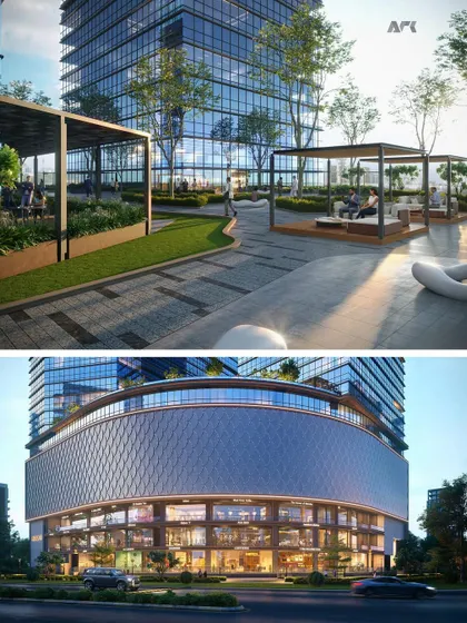 A closer look at the podium and landscaped areas of Regalia II. The lower levels are designed for high-end retail, while the upper deck provides a green, open space for relaxation, demonstrating the mixed-use concept in action.