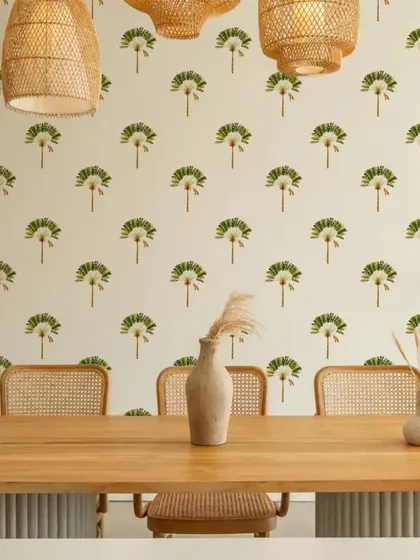 Our Palm Tree wall stickers create a chic and stylish dining area. The pattern adds a touch of sophistication and nature to the room.
