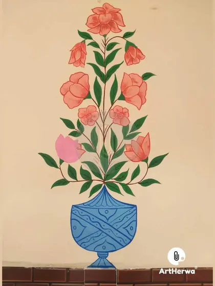 Another example of our traditional floral vase paintings. This design features soft pink flowers in an ornate blue vase, adding a touch of classic elegance to the wall.