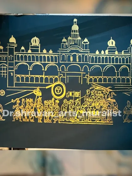 A tribute to the famous Mysuru Dasara festival, depicted entirely in gold foil line art. This piece captures the grandeur of the procession and the palace in a unique and modern style.