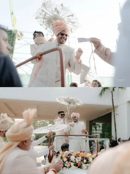 The groom's Baraat entrance, full of energy and dance. He arrives in style, surrounded by his friends and family, ready for the main event.