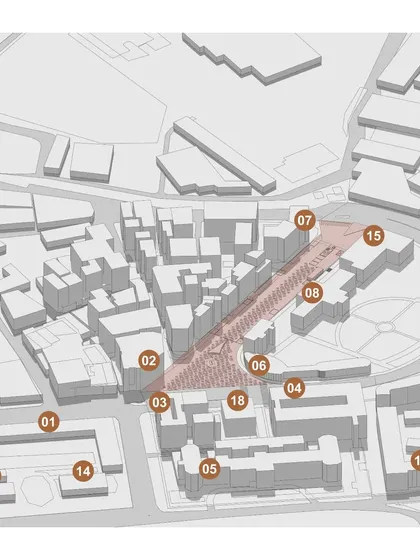 An axonometric drawing of our Kala Ghoda redesign, showing the proposed pedestrianized zone in context with the surrounding heritage buildings. Our plan respects the area's history while introducing modern urban solutions.