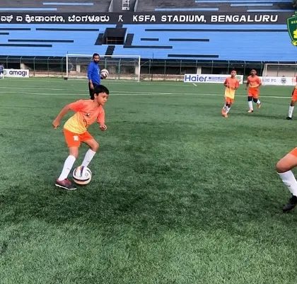 Action from our U-13 team's dominant 9-1 victory in the KSFA Youth Premier League match against Dynamic Sporting FA, played at the iconic KSFA Stadium in Bengaluru.