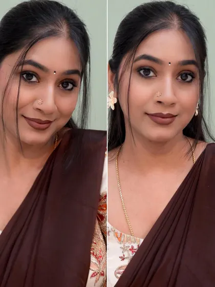 A monochrome look with a brown saree and a matching brown lip. This is a very elegant and sophisticated combination.
