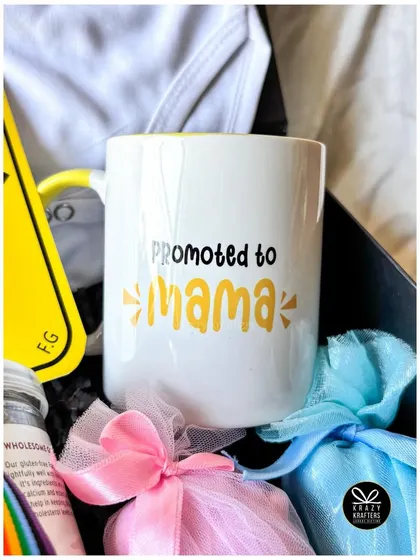 A special "Promoted to Mama" mug, celebrating the new uncle-to-be, included in a large family pregnancy announcement order.
