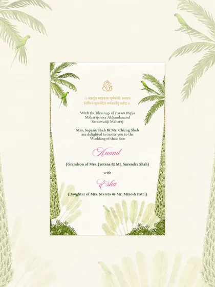 The main wedding invitation card, featuring delicate parrot illustrations and palm trees alongside traditional Gujarati script. This blend of natural beauty and cultural heritage is a hallmark of my work.