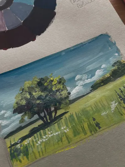 A small landscape study painted next to my colour wheel. It's a simple exercise in capturing the light and shadow of a grassy field.