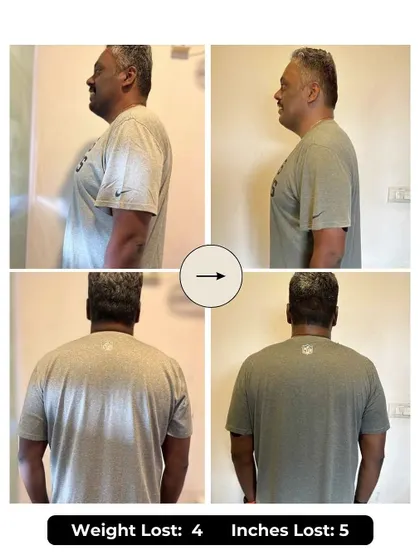 Arun chose our 6-week program to build a routine and gain strength. He lost 4 kgs and 5 inches, but more importantly, he changed his outlook on fitness, hitting 12k steps daily and showing up consistently at 6 am.