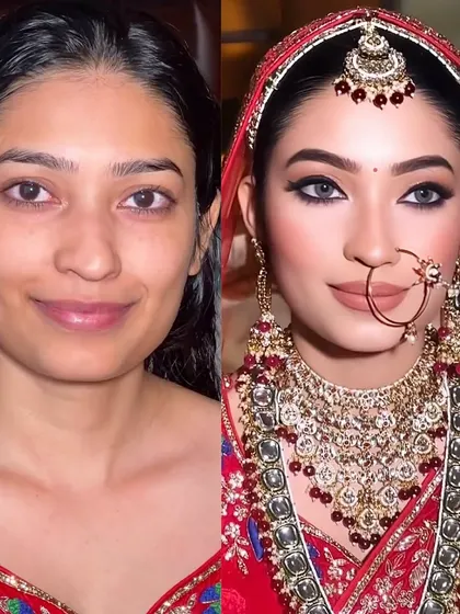This before and after shows a transformation fit for a royal bride. The focus was on creating dramatic, defined eyes and sculpted features while maintaining a radiant complexion.