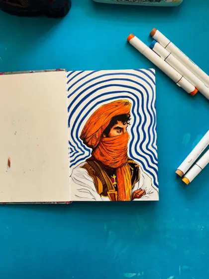 A finished portrait using Ohuhu alcohol markers. The goal isn't perfect photorealism, but to capture a mood and character with bold colors and smooth blends, straight onto the sketchbook page.