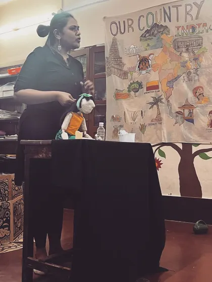 A performance in a classroom setting at Makkala Jagriti. We can adapt our shows for any educational program.
