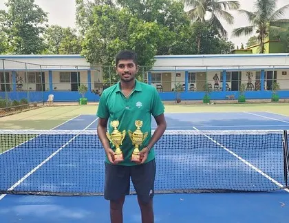 Another shot of our player Manish with his two trophies from the AITA 1 Lakh tournament in Bhubaneswar.