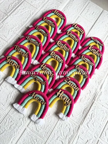 Planning a party? My personalized macrame rainbow magnets are a huge hit as return gifts. Each one is handmade with care, making them a unique and memorable thank you for your guests at birthdays or baby showers.