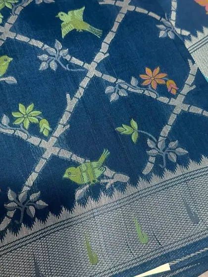 A beautiful deep blue Banarasi saree with a trellis pattern and colorful birds woven in Meenakari style. It's a playful yet elegant design.