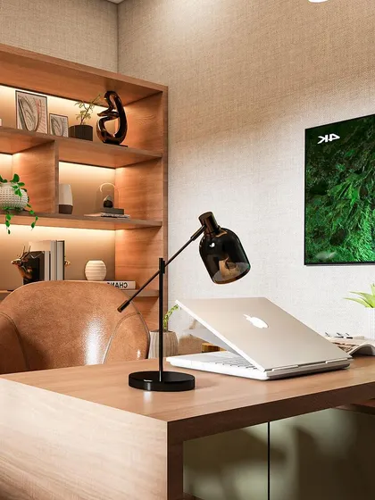 Functionality meets style in this executive office design. I focused on clean lines, integrated shelving with ambient lighting, and a clear view of the display screen, ensuring the space is as practical as it is aesthetically pleasing.