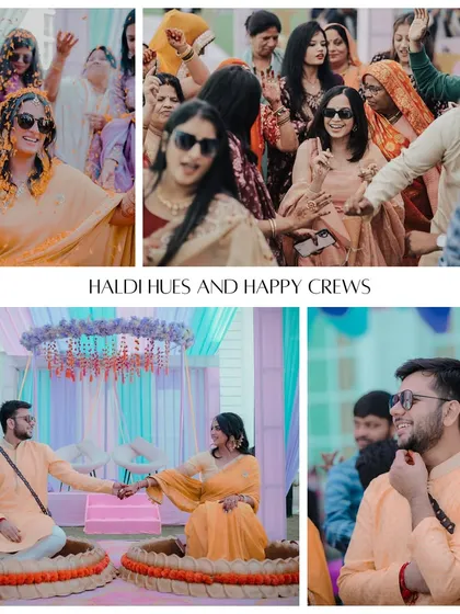 This collage captures the happy crew and colorful details of a Haldi ceremony. From guests dancing to the couple sharing a moment, it’s a snapshot of a joyful celebration.