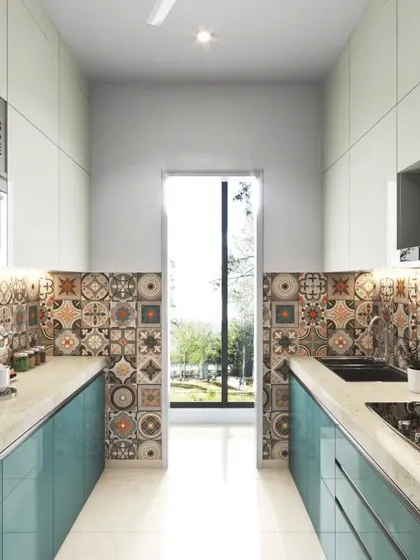 A kitchen that blends modern and traditional with its colorful patterned tile backsplash. The turquoise blue lower cabinets add a vibrant, desi touch to the space.