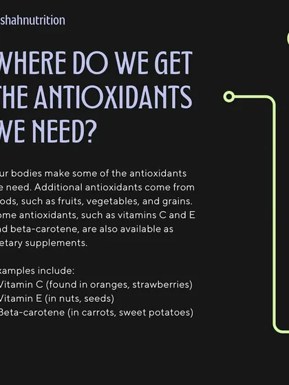Where do we get the antioxidants we need? Our bodies make some, but we need to get others from foods like fruits, vegetables, and grains. Vitamins C and E are common examples.
