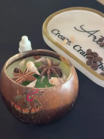 A beautiful scented candle in a coconut shell, created during our workshop in Kerala. A perfect blend of local vibes and handmade art.