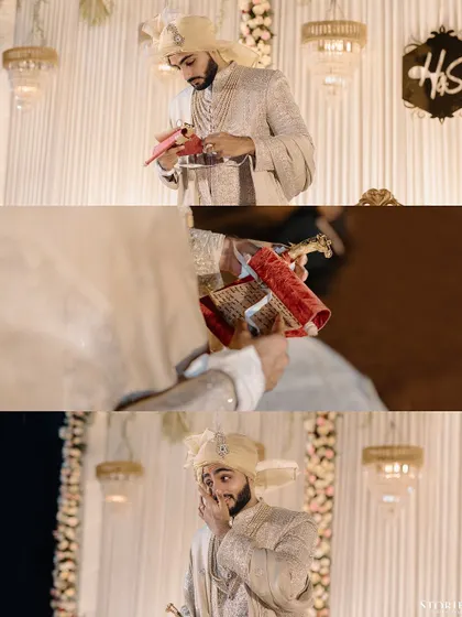 A collage showing the groom's emotional reaction to receiving a heartfelt, handwritten letter from his bride.
