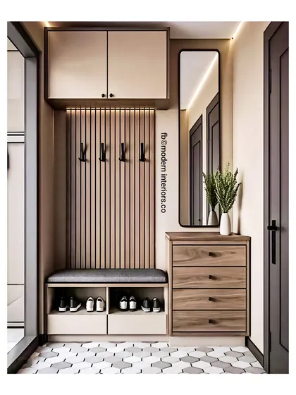 This foyer unit is another great example of a compact, all-in-one solution. It features a mirror, drawers, a seating bench with shoe storage, and coat hooks, all tied together with a modern wood-slat accent panel.