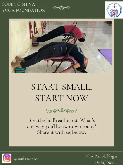 A simple supported pose using a chair and wall. The message is clear: Start small, start now. Yoga is about finding moments of stillness in your day.