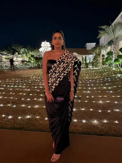 For an evening event, a structured, modern saree is always a great choice. This black and white graphic print saree makes a bold statement while still being incredibly elegant.