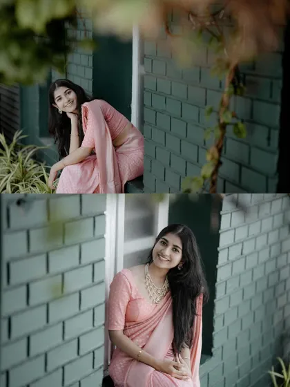 This diptych captures two lovely moments from the same session. It shows her in both a thoughtful pose and a bright, smiling one, showcasing different facets of her personality.