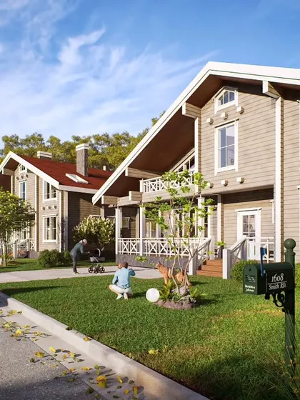 For large-scale residential developments, we create visuals that sell a lifestyle. This render of a suburban community shows multiple homes, landscaping, and human elements to help potential buyers envision themselves living in the space.
