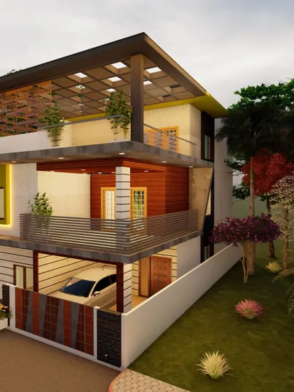 A side angle of the same home, showing the depth of the balconies and the rooftop pergola.