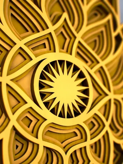 A close-up on the 'eye' at the center of the Hamsa, symbolizing protection from evil. The layered construction adds significant depth and visual interest to this spiritual wall hanging.