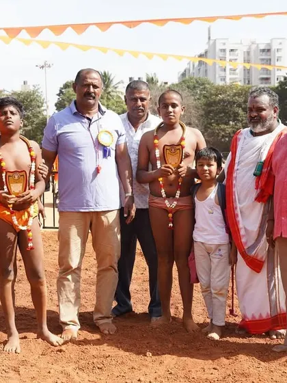 Young pehlwans (wrestlers) with their trophies. The future of Indian wrestling is strong.