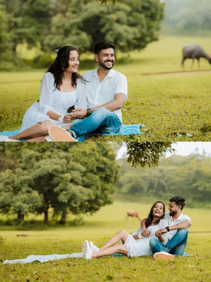 A relaxed picnic-style shot of a couple in a meadow. We aim to create setups where you can feel comfortable and just enjoy each other's company.