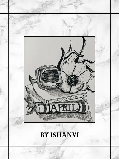 An amazing pen and ink still life by Ishanvi. Her use of cross-hatching to create shadow and texture on the books and flower is very impressive.
