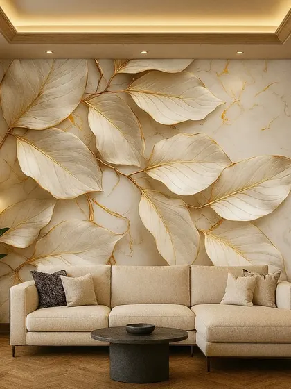 A close-up of a 3D wallpaper with large, embossed white leaves and delicate gold veins on a marble background. This design is the epitome of modern elegance.