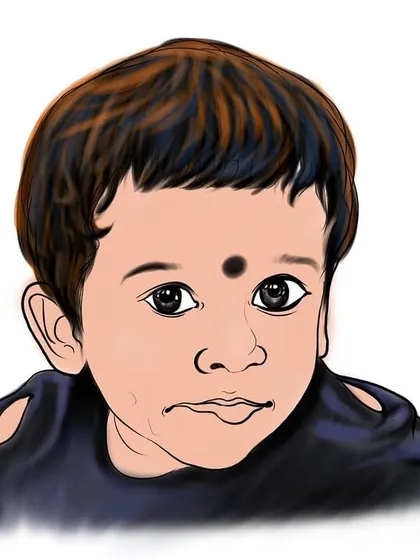 A nearly complete colored version of the baby portrait. The shading on the hair and face gives the drawing depth and a three-dimensional feel.