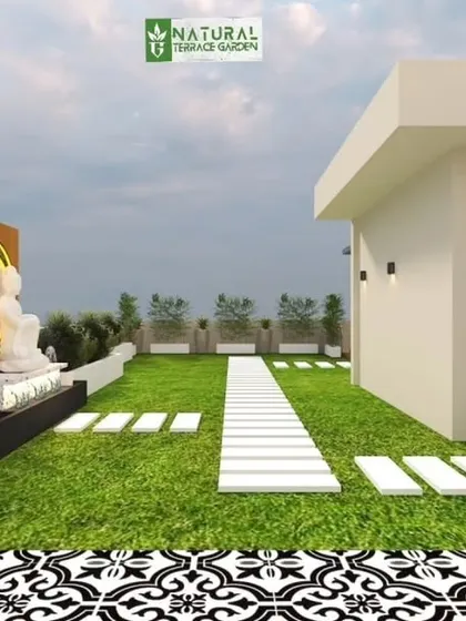 Proposed 3D design for a terrace in South Extension, featuring a serene water feature with a Buddha statue. The design includes a lush lawn with a modern stone pathway and patterned tile flooring.