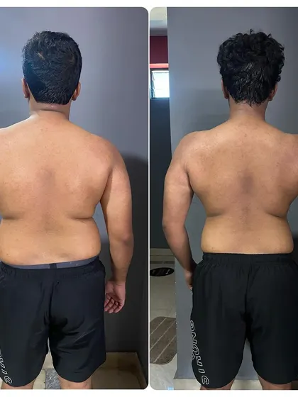 A back view of the same client's progress. You can see the beginnings of a V-taper as his back muscles develop.