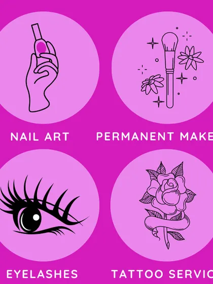 A quick look at some of our core services: Nail Art, Permanent Makeup, Eyelashes, and Tattoo Services.