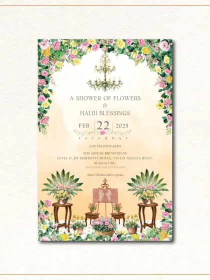A bright and cheerful e-invitation for a Haldi ceremony. The watercolor design is filled with yellow and pink flowers, reflecting the "shower of flowers and Haldi blessings" theme.