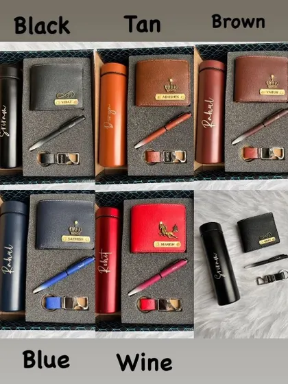 To help you choose, this image displays the full range of colors available for my 4-in-1 gift sets. Options include Black, Tan, Brown, Blue, and Wine, each with matching personalized items.