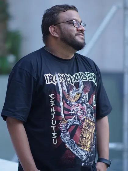 Another shot in my Iron Maiden shirt, a nod to my diverse musical influences.